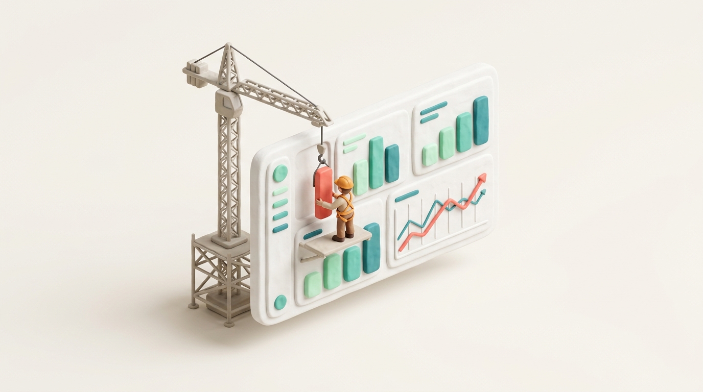 A clay-render crane lowering a coral chart bar into a dashboard under construction, guided by a builder in an amber hard hat
